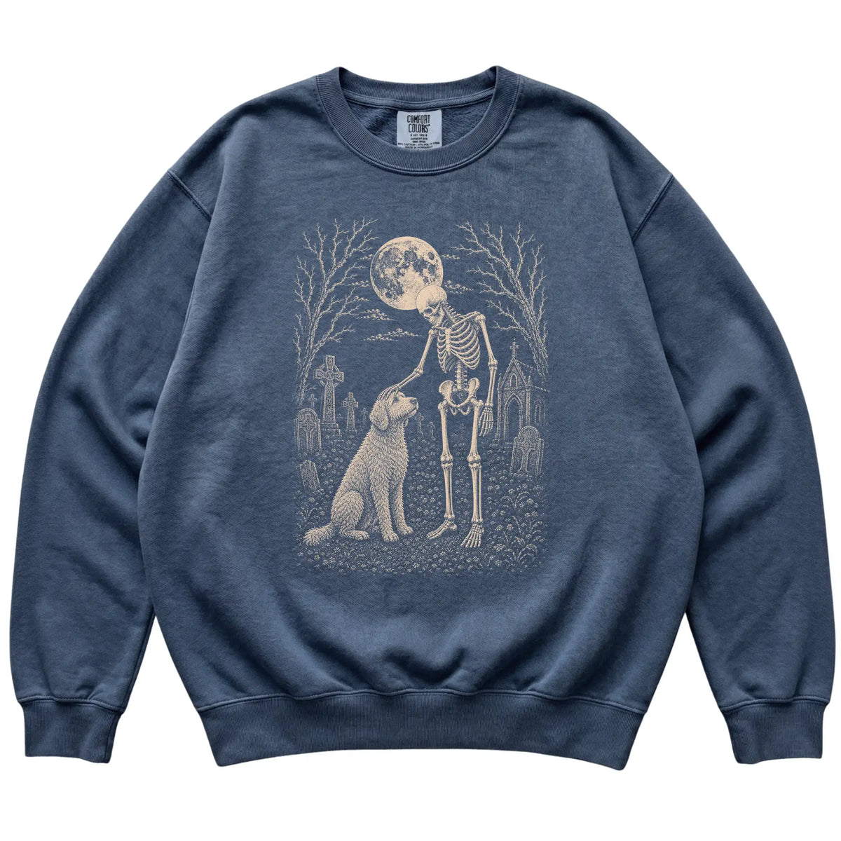 Skeleton petting a Goldendoodle in a graveyard on a Denim sweatshirt