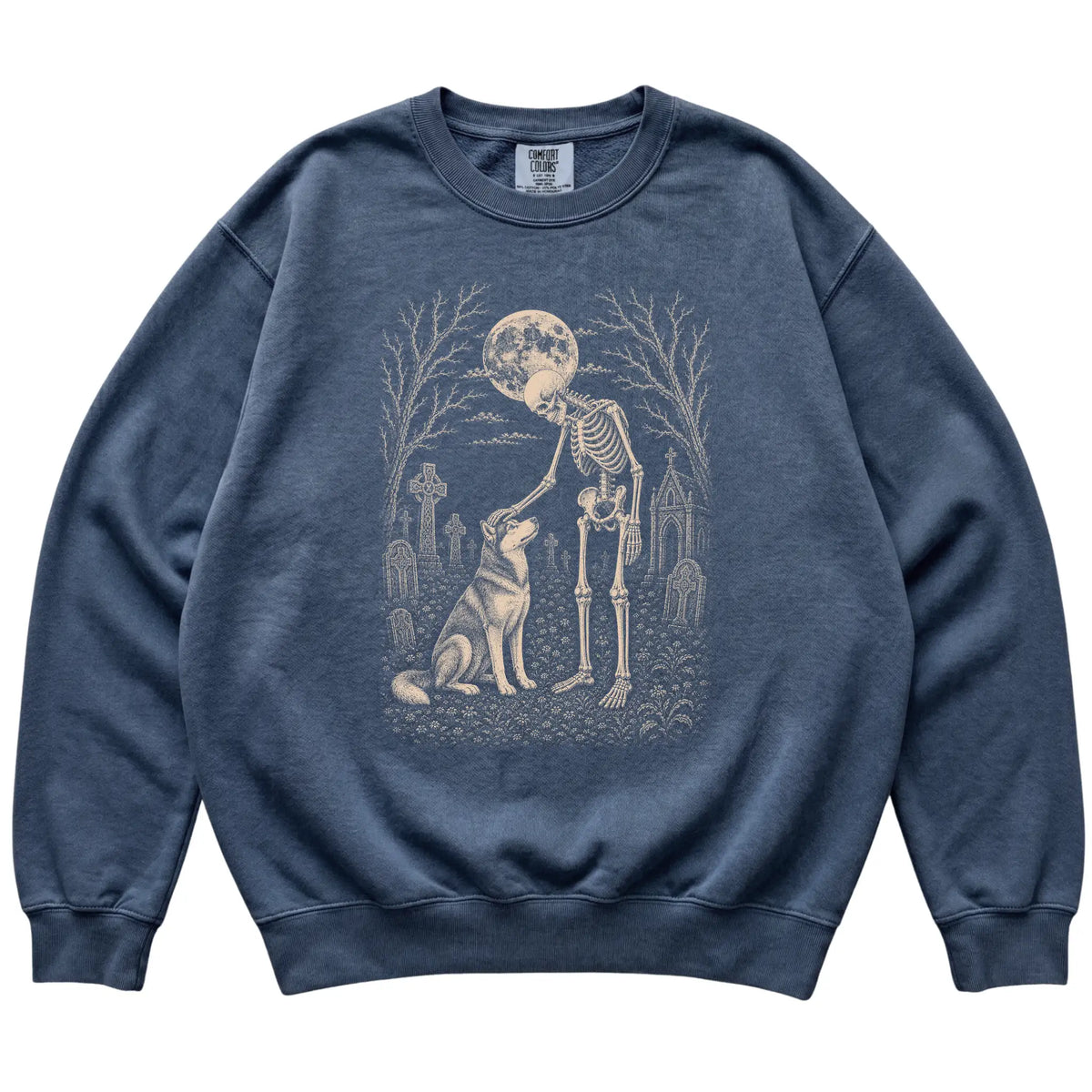 Skeleton petting a Husky in a graveyard on a Denim sweatshirt