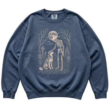 Skeleton petting a Husky in a graveyard on a Denim sweatshirt