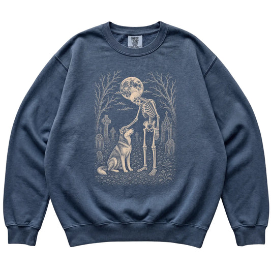 Skeleton petting a Husky in a graveyard on a Denim sweatshirt