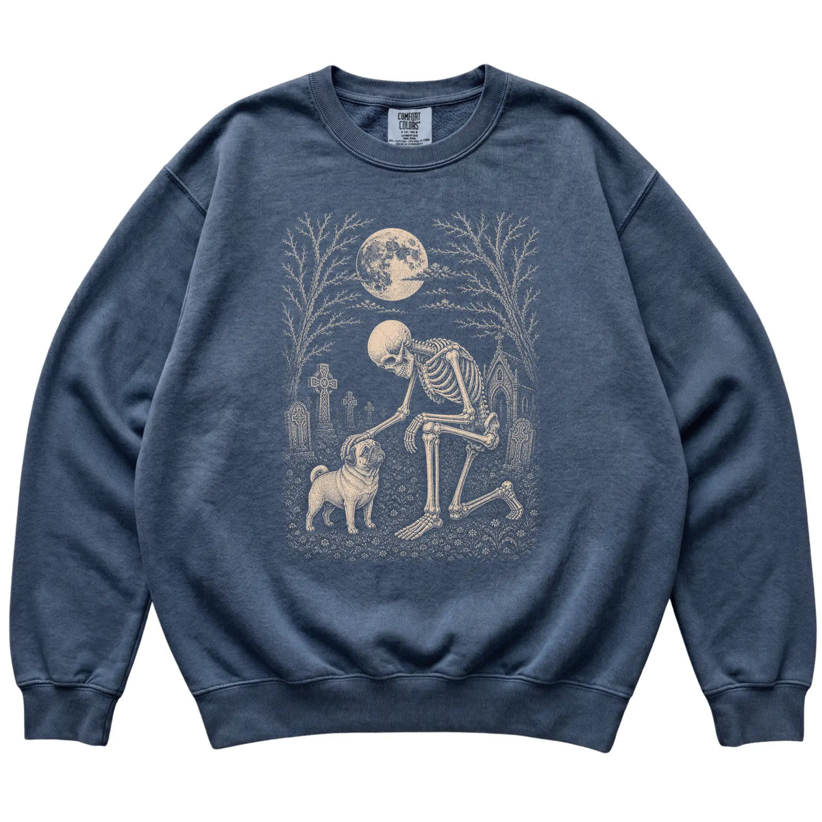 Skeleton petting a Pug in a graveyard on a Denim sweatshirt