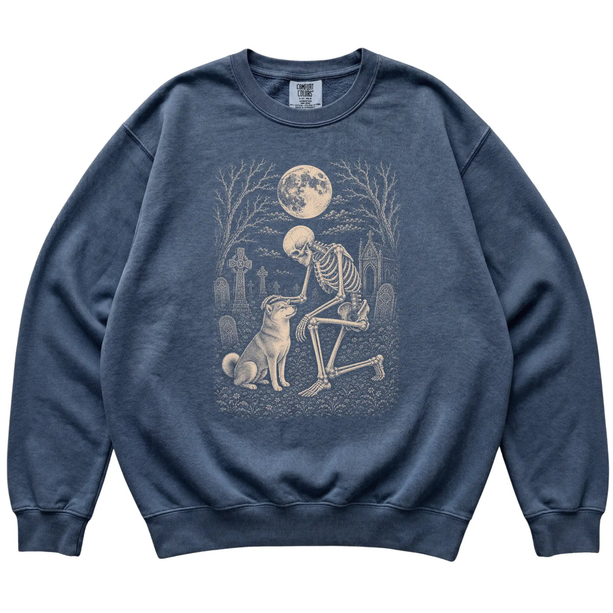 Skeleton petting a Shiba Inu in a graveyard on a Denim sweatshirt