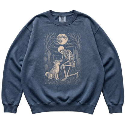 Skeleton petting a Shiba Inu in a graveyard on a Denim sweatshirt