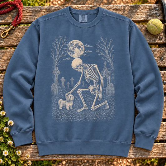 Shih Tzu Skeleton Petting on a Denim crewneck sweatshirt, shown flat
