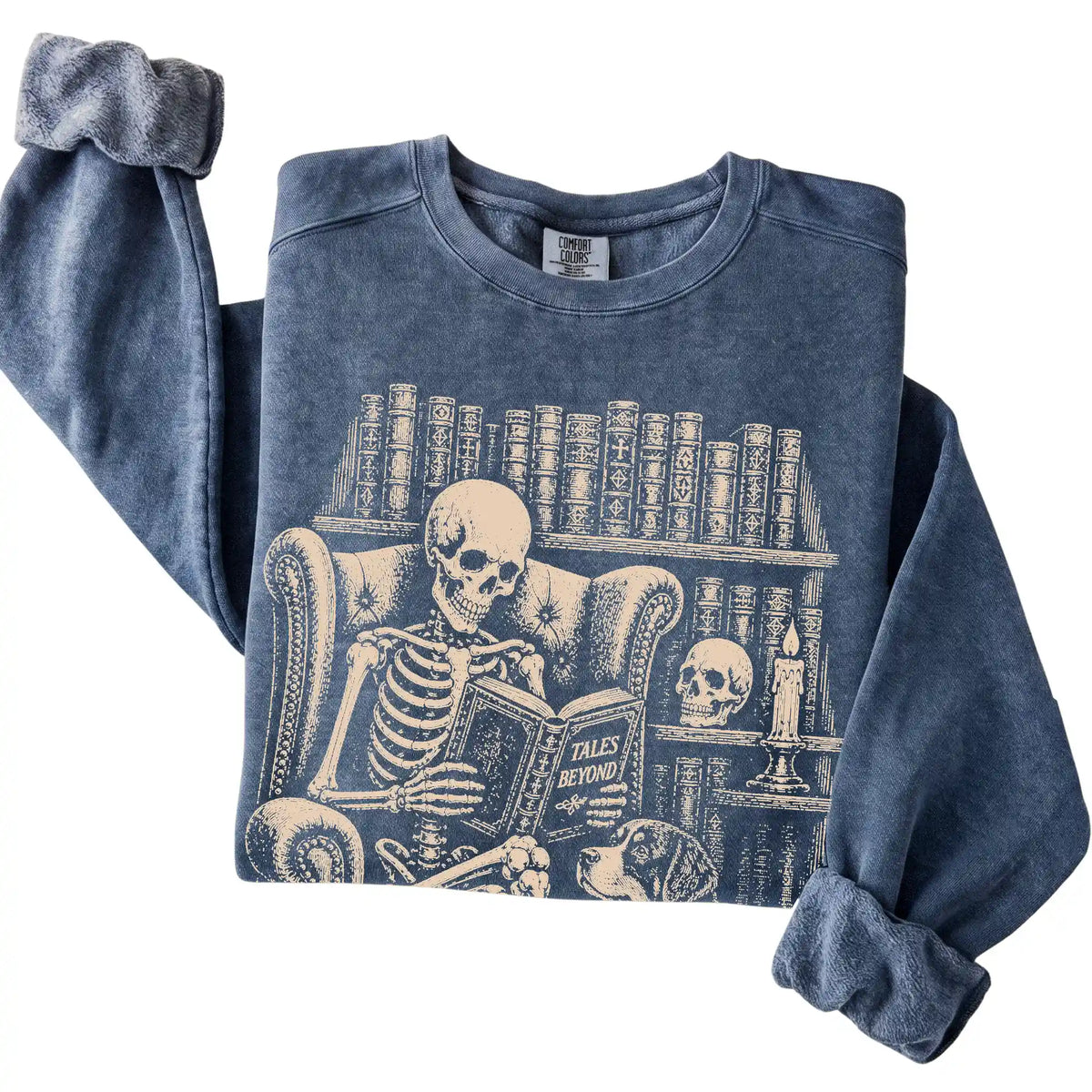 Folded Denim sweatshirt with a skeleton reading Tales Beyond to a Bernese Mountain Dog