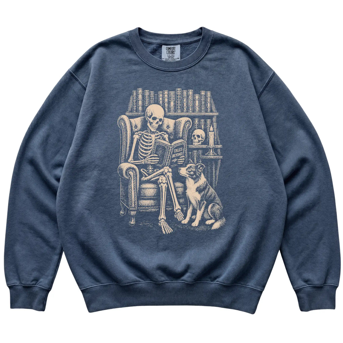 Skeleton reading Tales Beyond to a Border Collie on a Denim sweatshirt