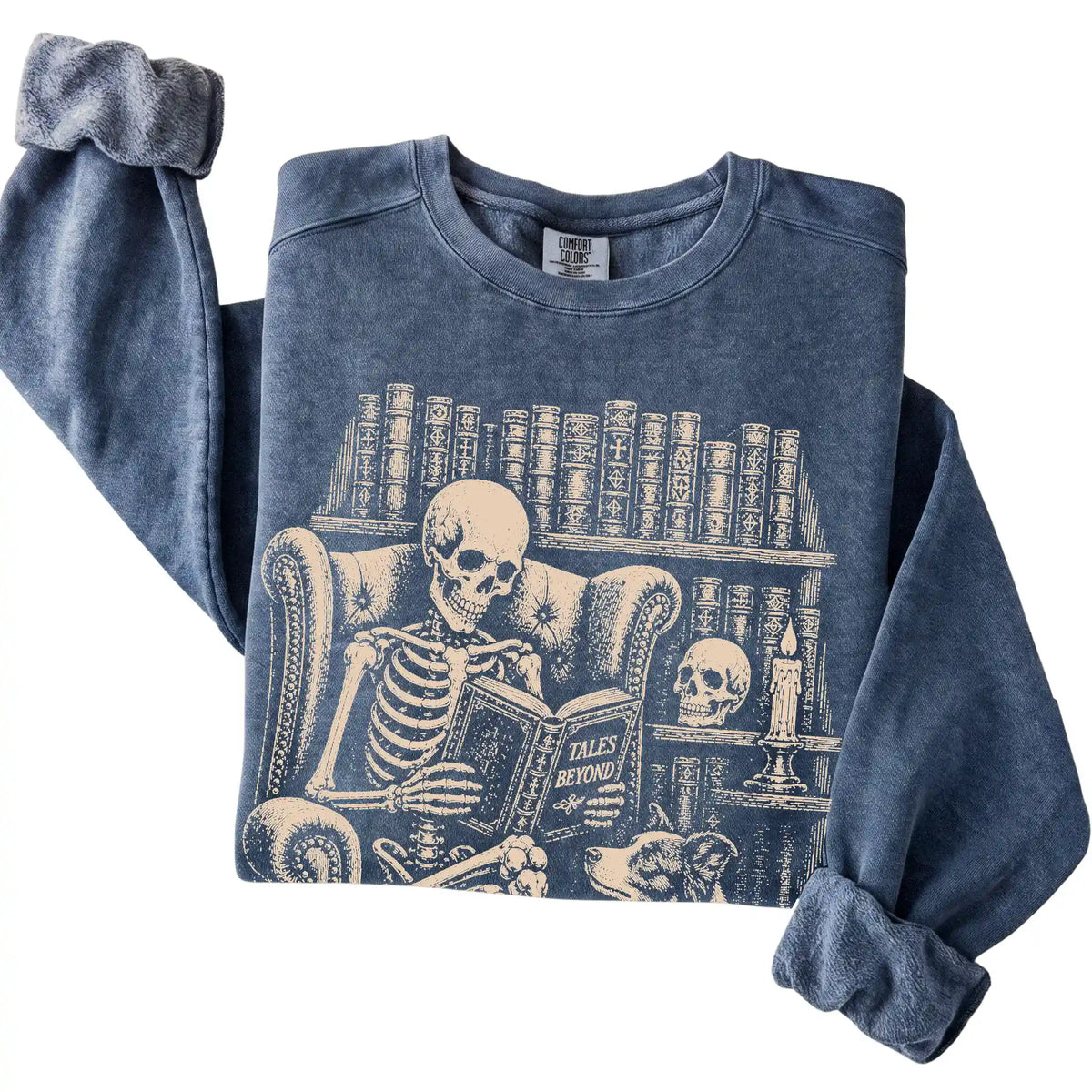Folded Denim sweatshirt with a skeleton reading Tales Beyond to a Border Collie