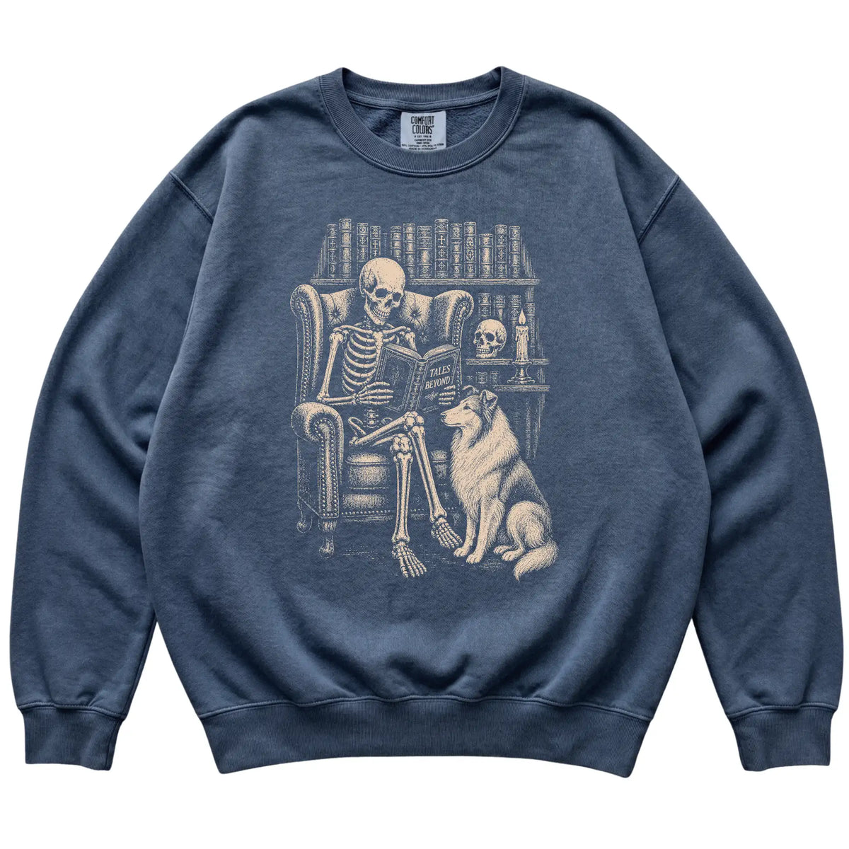 Skeleton reading Tales Beyond to a Collie on a Denim sweatshirt