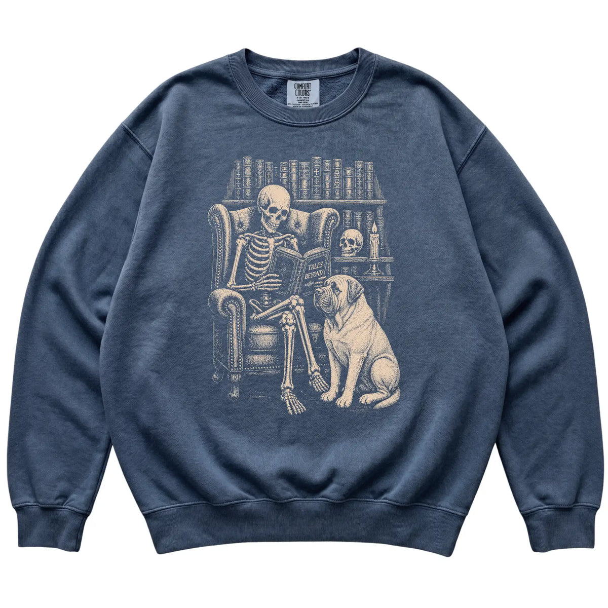 Skeleton reading Tales Beyond to a Mastiff on a Denim sweatshirt