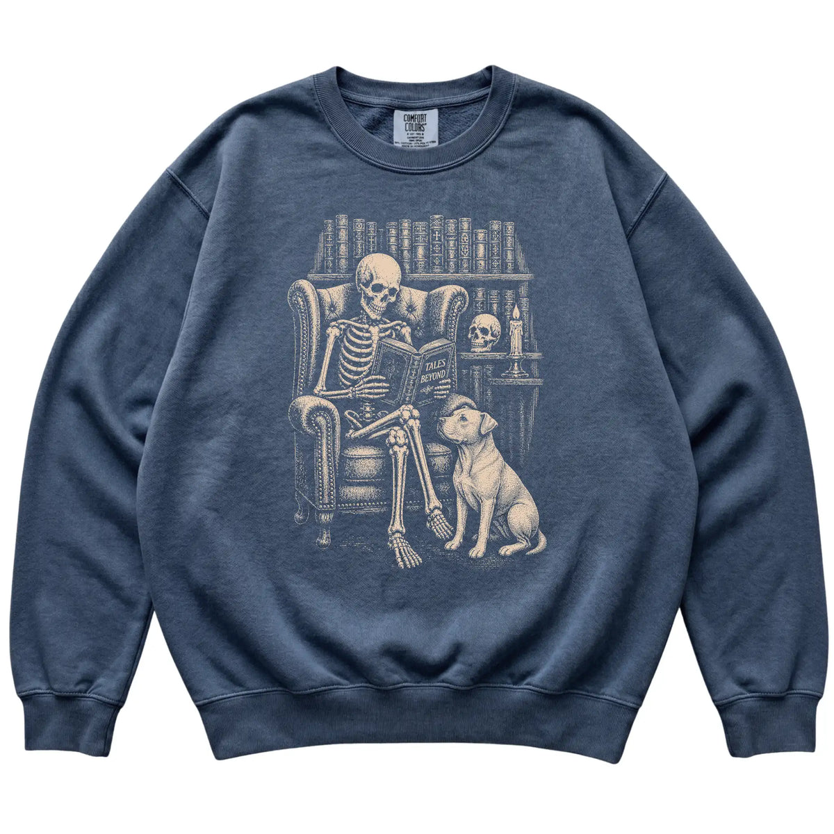 Skeleton reading Tales Beyond to a Pitbull on a Denim sweatshirt