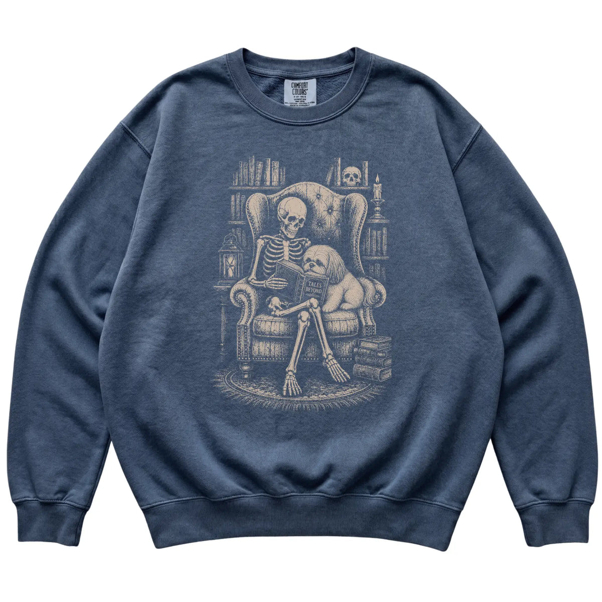 Skeleton reading Tales Beyond to a Shih Tzu on a Denim sweatshirt