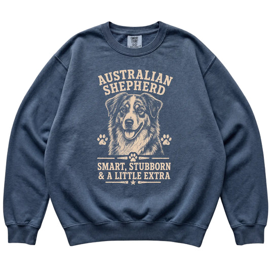Denim Comfort Colors® sweatshirt featuring Smart, Stubborn & A Little Extra - Australian Shepherd, laid-flat presentation