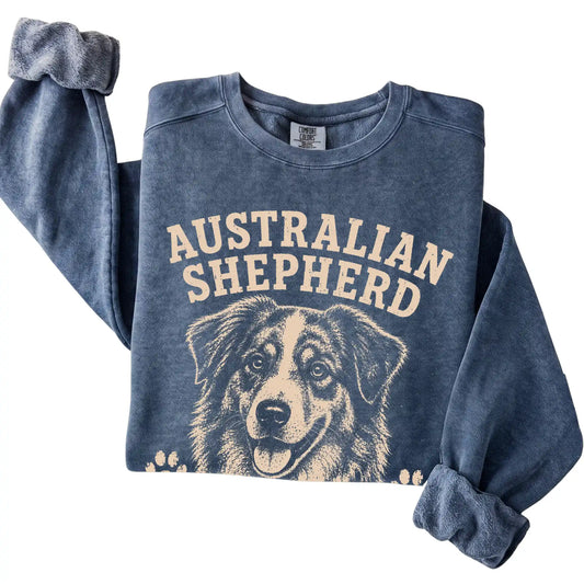 Denim Comfort Colors® sweatshirt featuring Smart, Stubborn & A Little Extra - Australian Shepherd, folded presentation
