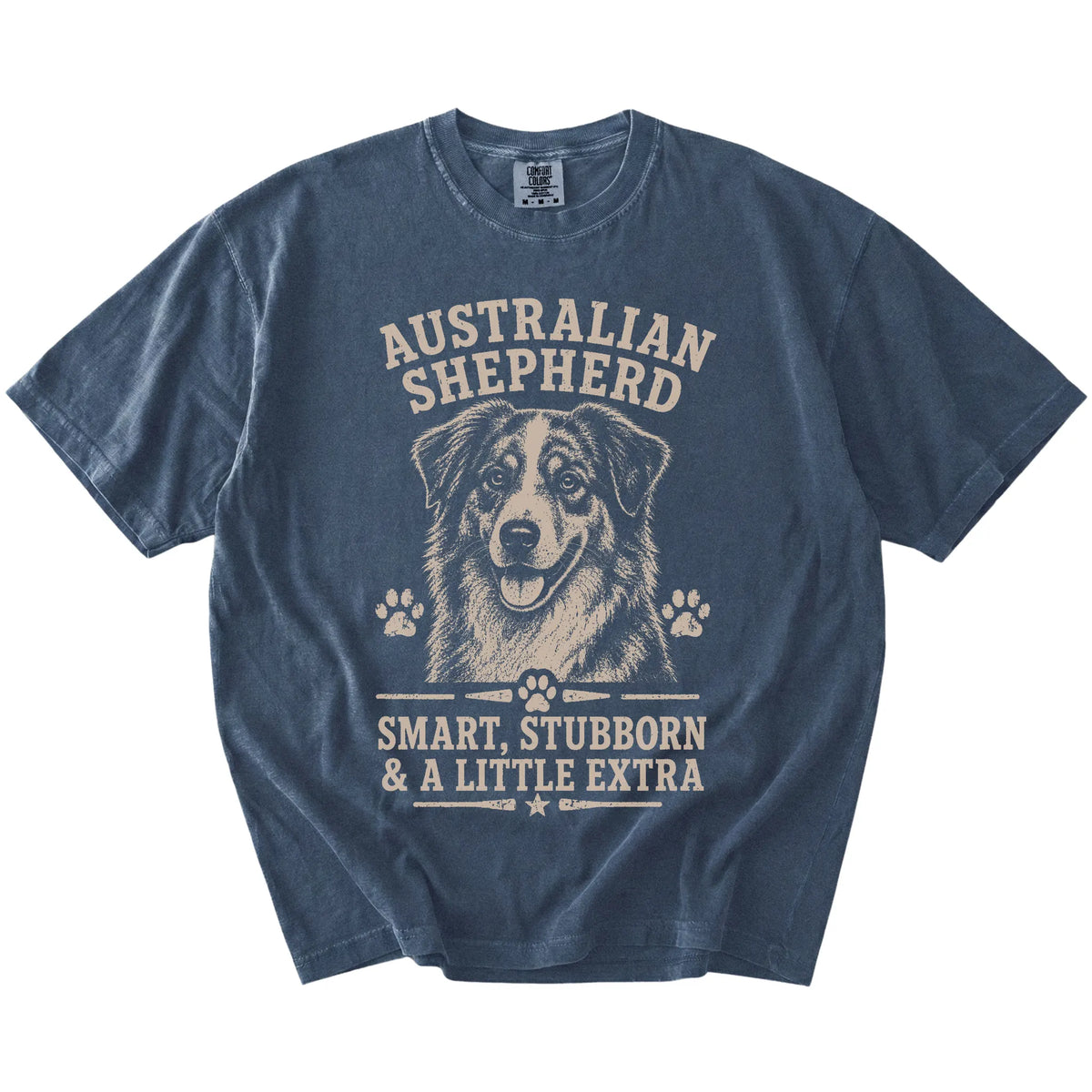 Australian Shepherd design with “Smart, Stubborn & A Little Extra” lettering on a Denim Comfort Colors® T-shirt