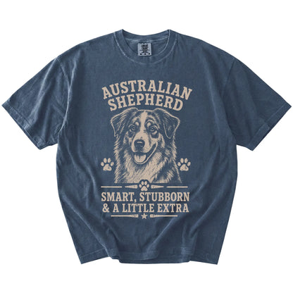 Australian Shepherd design with “Smart, Stubborn & A Little Extra” lettering on a Denim Comfort Colors® T-shirt