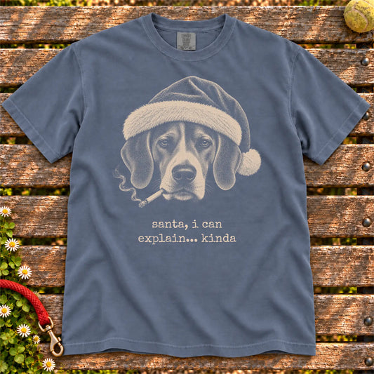 Beagle wearing a Santa hat and smoking on a Denim T-shirt