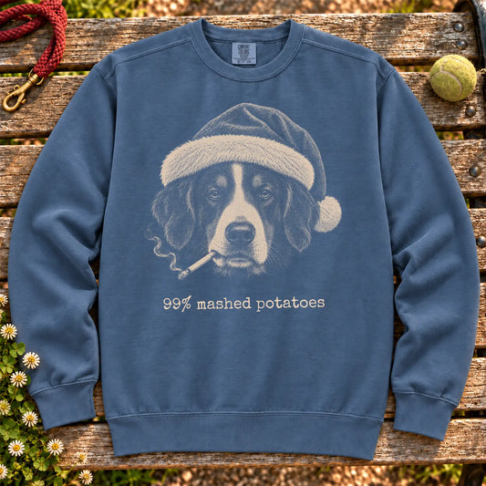 Bernese Mountain Dog wearing a Santa hat and smoking on a Denim sweatshirt