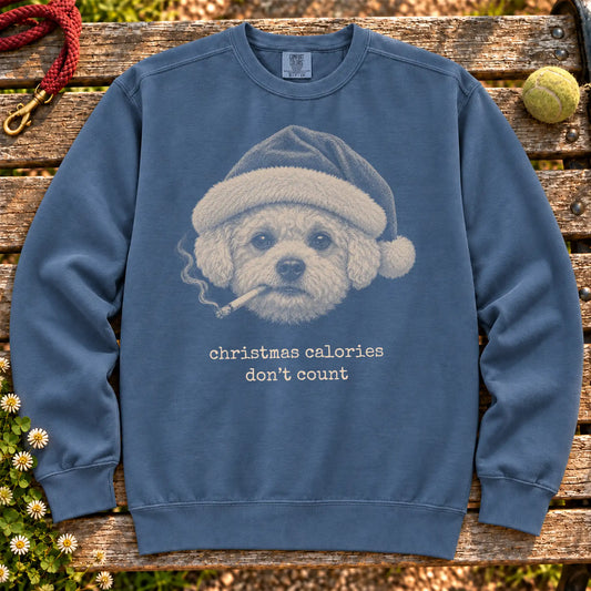 Bichon Frise wearing a Santa hat and smoking on a Denim sweatshirt