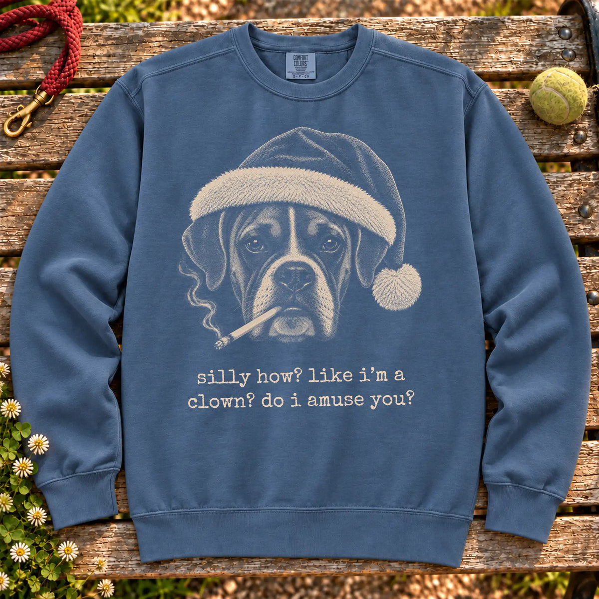 Boxer wearing a Santa hat and smoking on a Denim sweatshirt