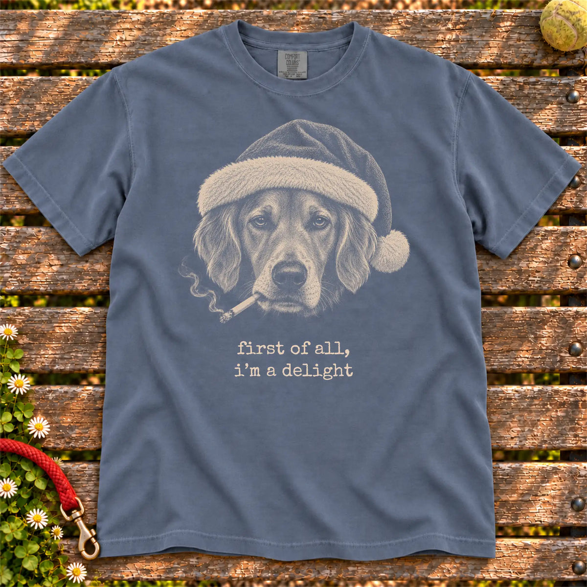 Golden Retriever wearing a Santa hat and smoking on a Denim T-shirt
