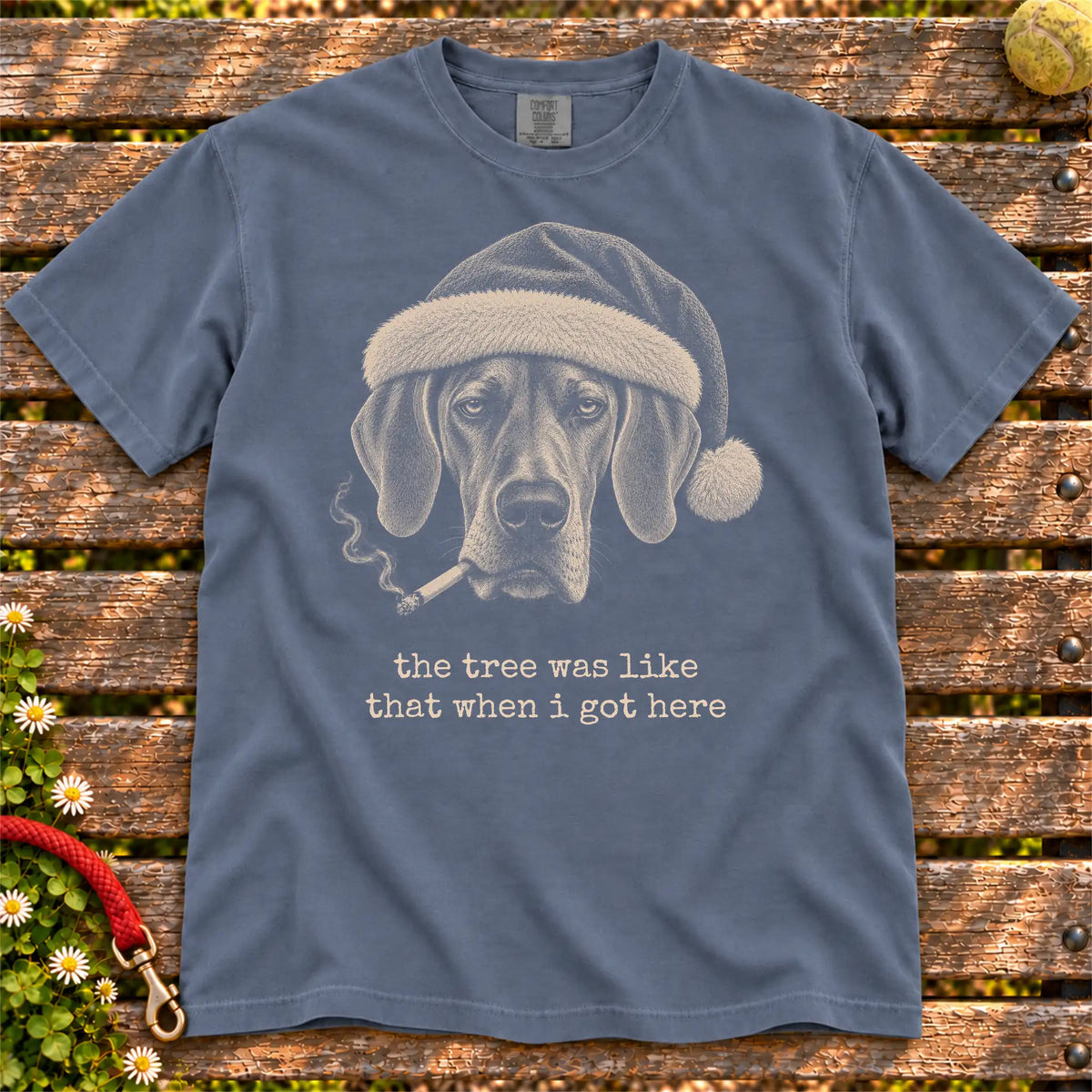 Great Dane wearing a Santa hat and smoking on a Denim T-shirt
