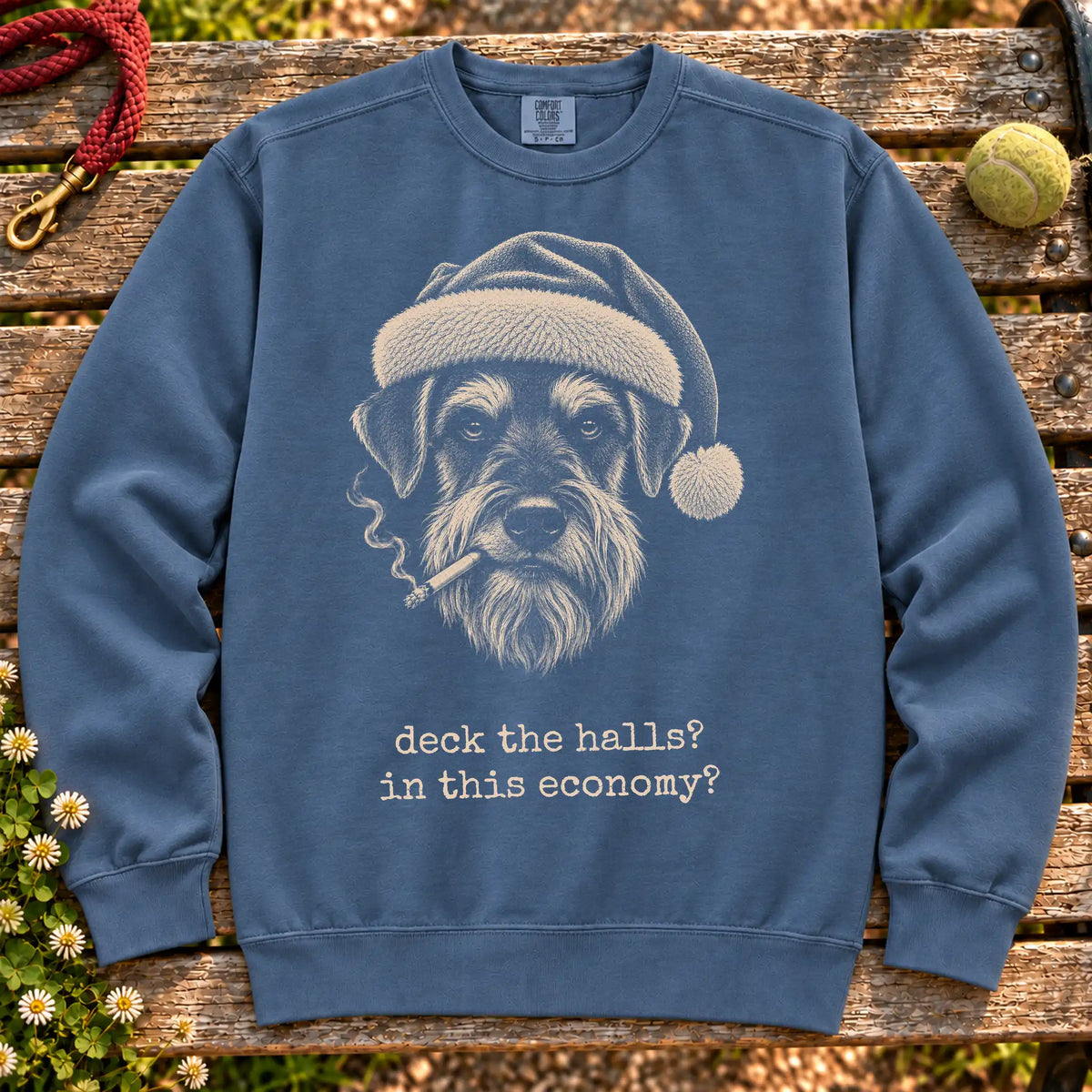 Schnauzer wearing a Santa hat and smoking on a Denim sweatshirt