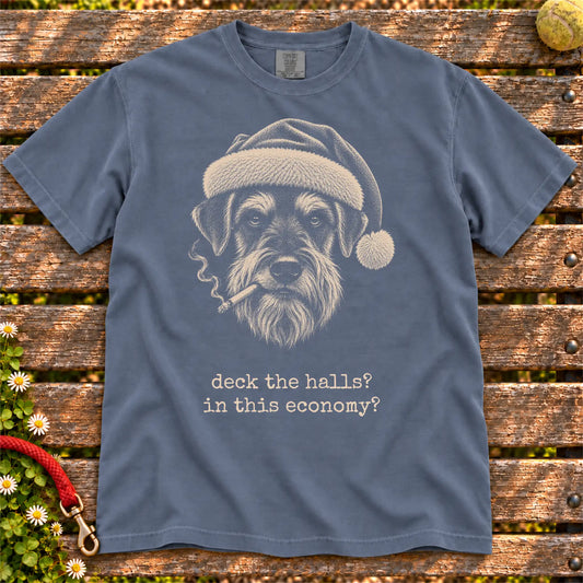 Schnauzer wearing a Santa hat and smoking on a Denim T-shirt