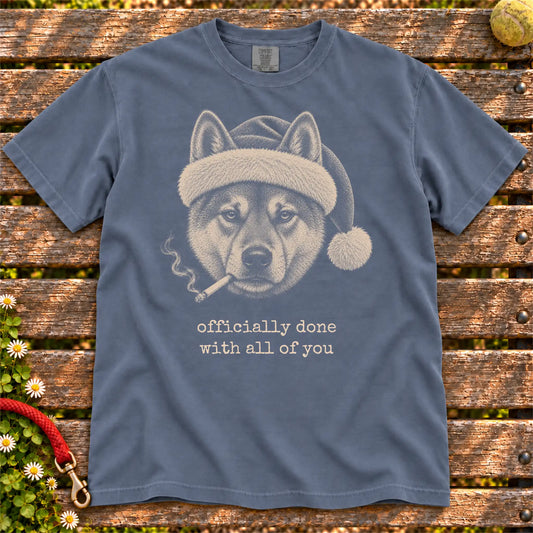 Shiba Inu wearing a Santa hat and smoking on a Denim T-shirt