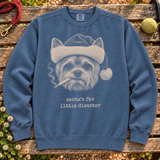 Yorkie wearing a Santa hat and smoking on a Denim sweatshirt