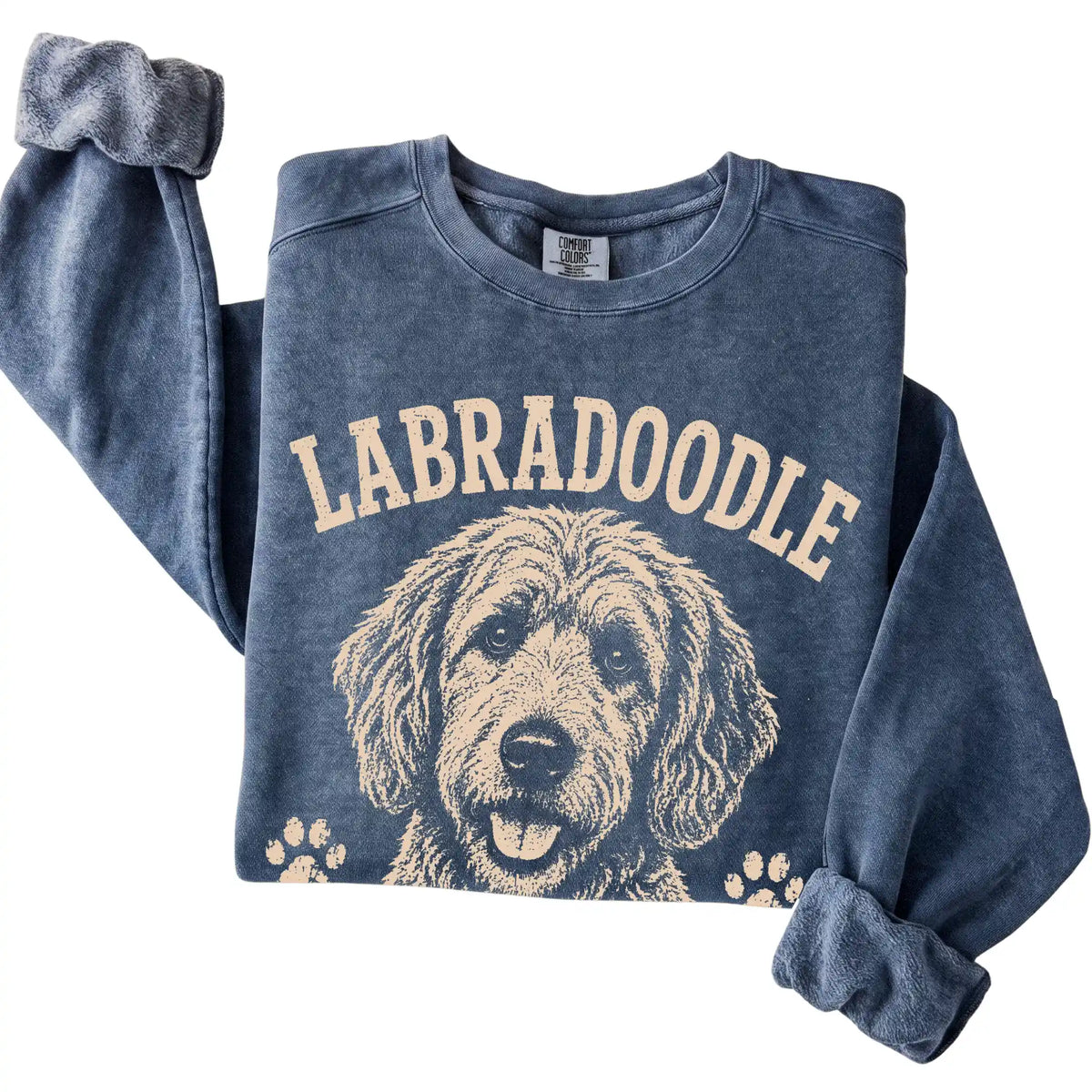 Denim Comfort Colors® sweatshirt featuring Social Battery - Always On - Labradoodle, folded presentation