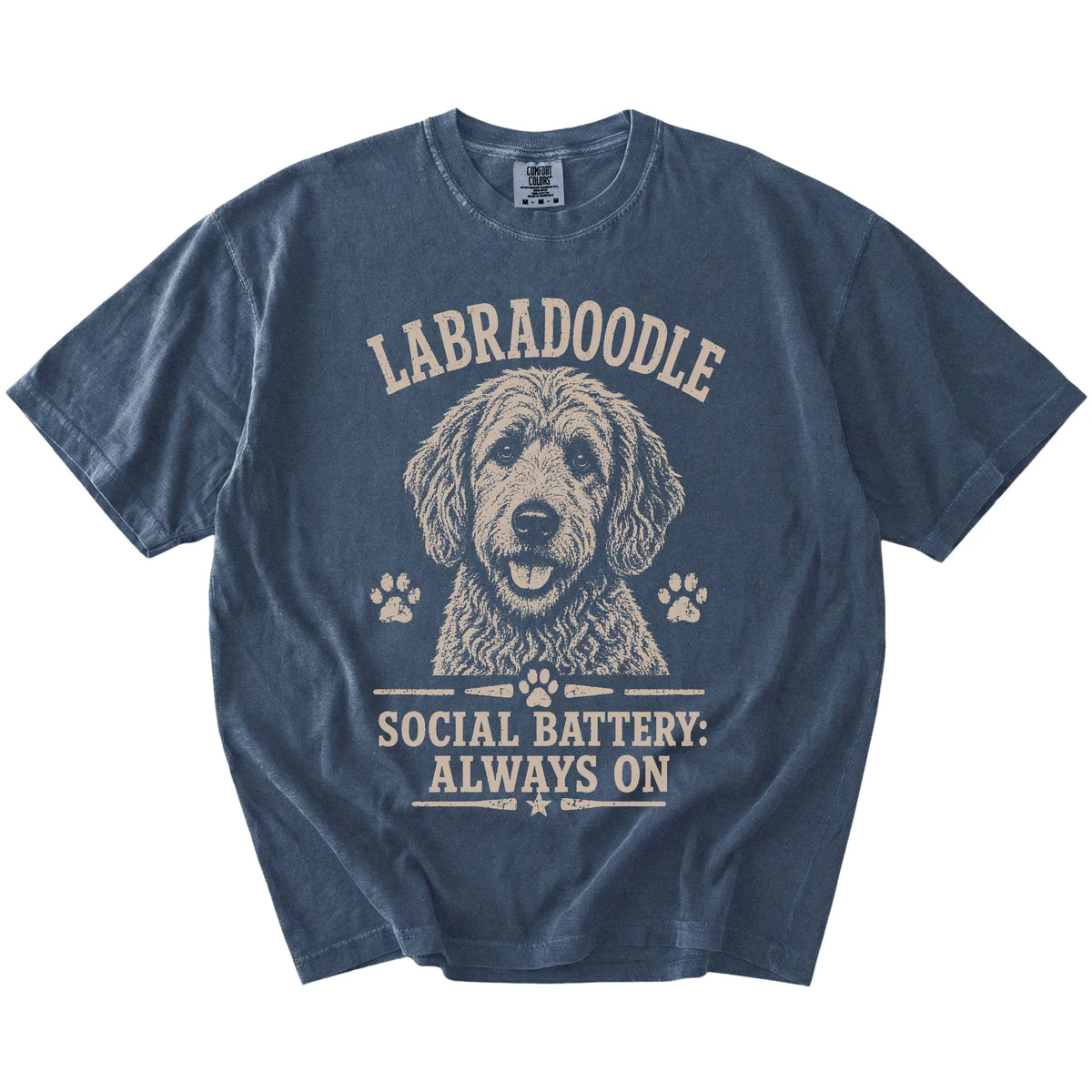 Labradoodle design with “Social Battery” lettering on a Denim Comfort Colors® T-shirt