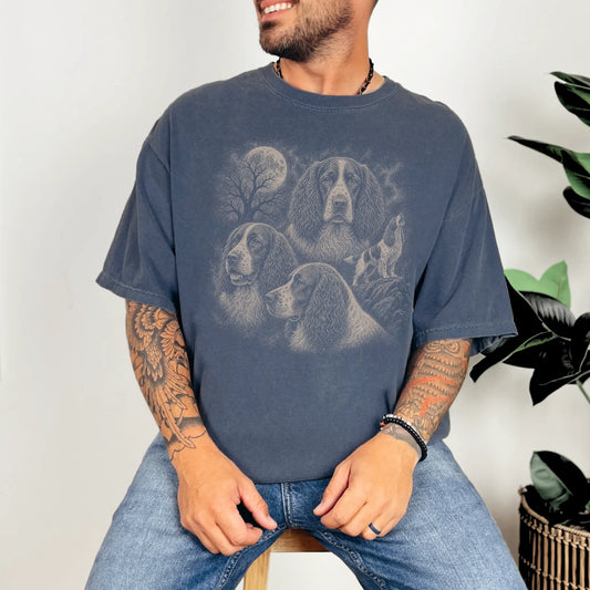 Model wearing a Denim Comfort Colors® T-shirt with a vintage moon montage featuring Springer Spaniel
