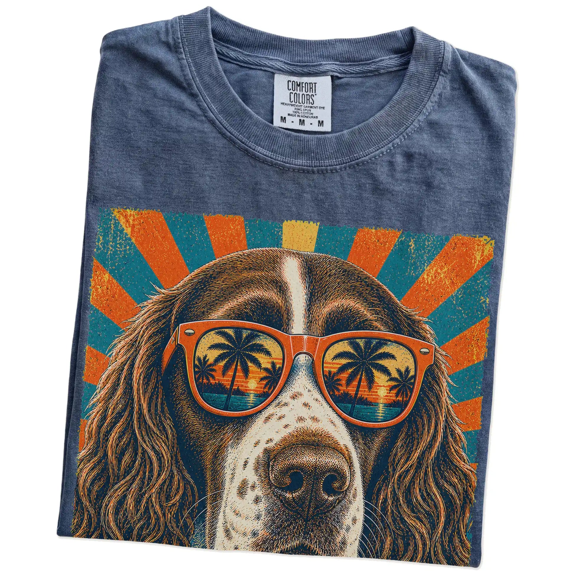 Retro Springer Spaniel Dad design on a Denim Comfort Colors T-shirt folded detail