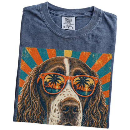 Retro Springer Spaniel Dad design on a Denim Comfort Colors T-shirt folded detail