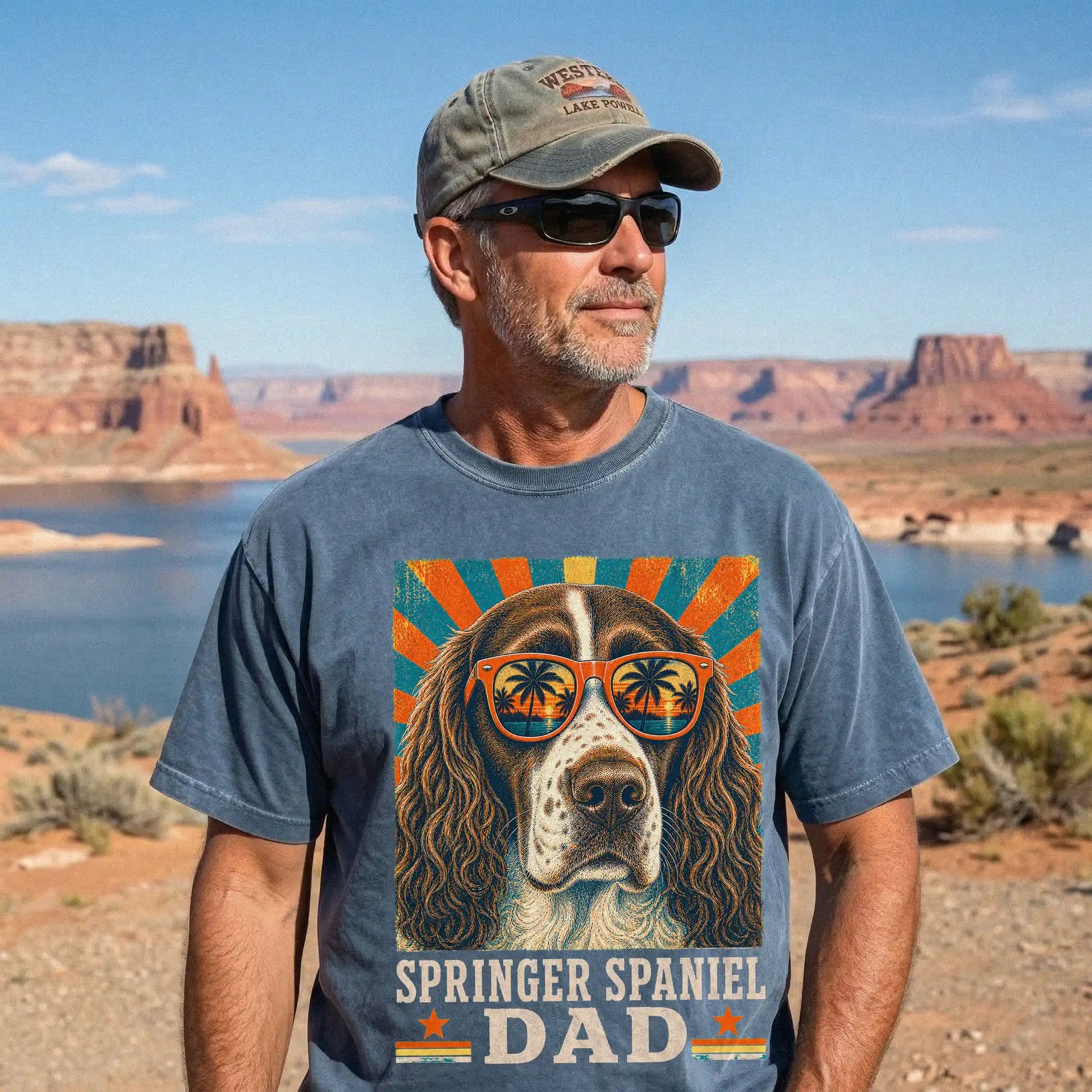 Retro Springer Spaniel Dad design on a Denim Comfort Colors T-shirt worn by a model