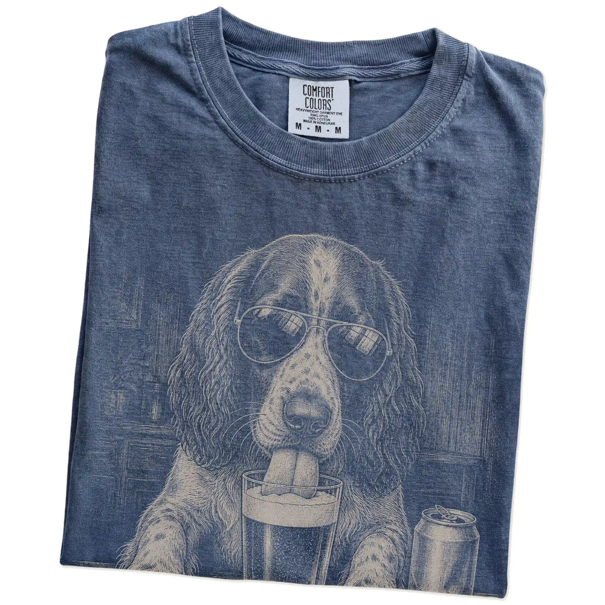 Folded Denim Comfort Colors® t-shirt showing Springer Spaniel sneaking a drink from a pint
