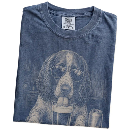 Folded Denim Comfort Colors® t-shirt showing Springer Spaniel sneaking a drink from a pint