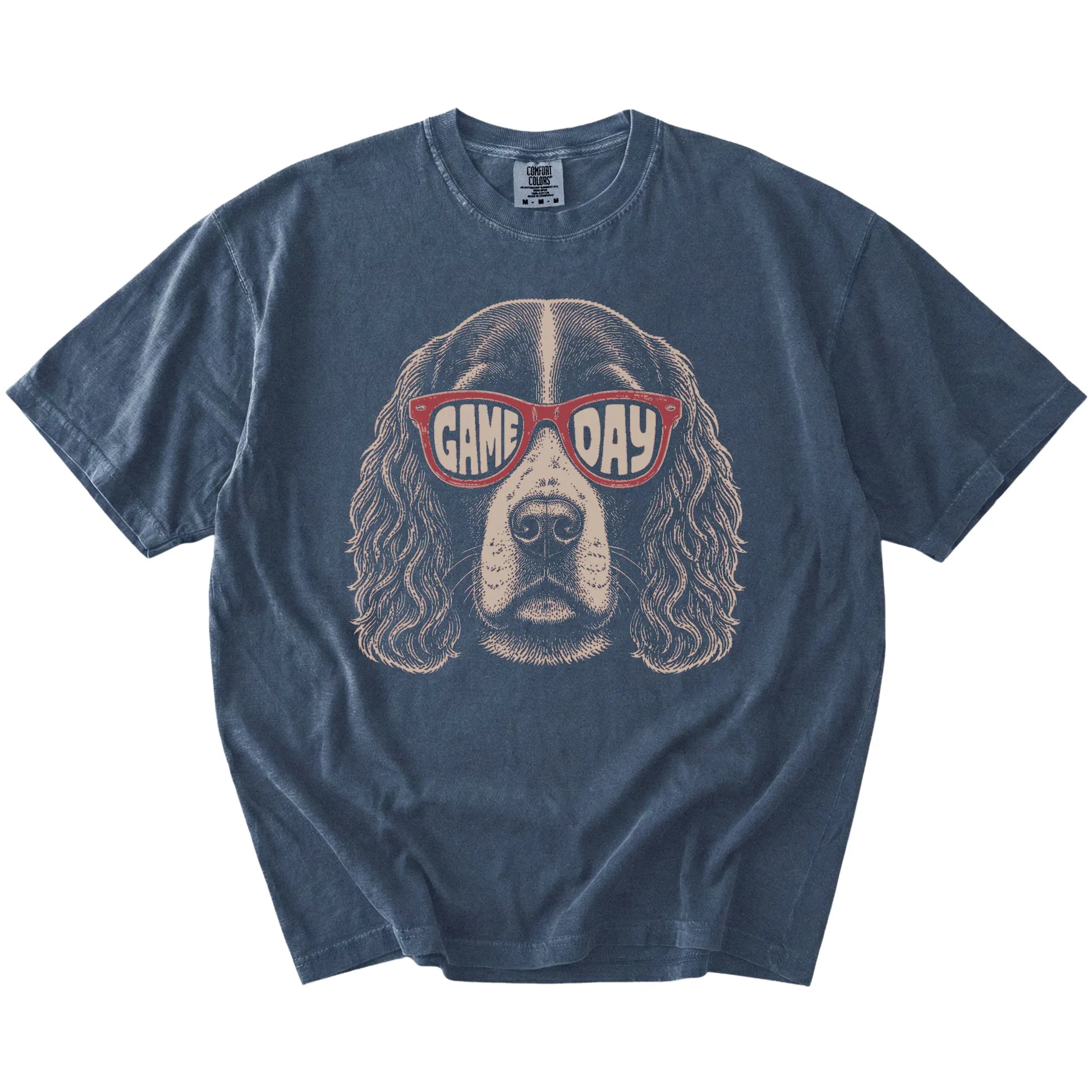 Springer Spaniel wearing red Game Day sunglasses on a Denim Comfort Colors® T-shirt