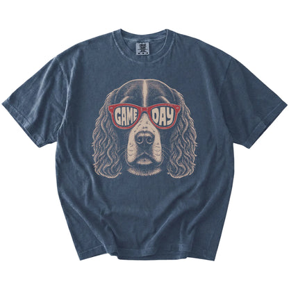 Springer Spaniel wearing red Game Day sunglasses on a Denim Comfort Colors® T-shirt