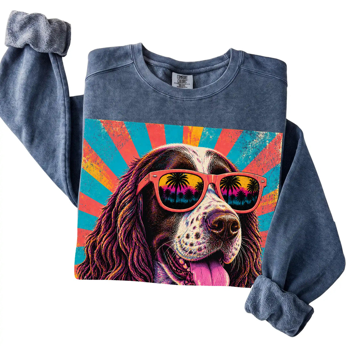 Folded Denim Comfort Colors sweatshirt with a Retro Springer Spaniel Mama design