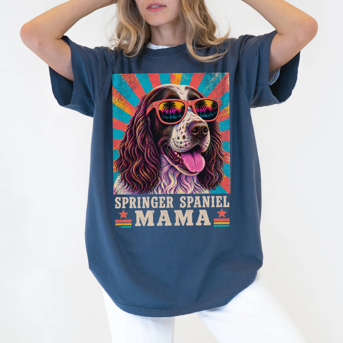 Retro Springer Spaniel Mama design on a Denim Comfort Colors T-shirt worn by a model