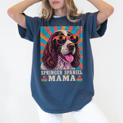 Retro Springer Spaniel Mama design on a Denim Comfort Colors T-shirt worn by a model