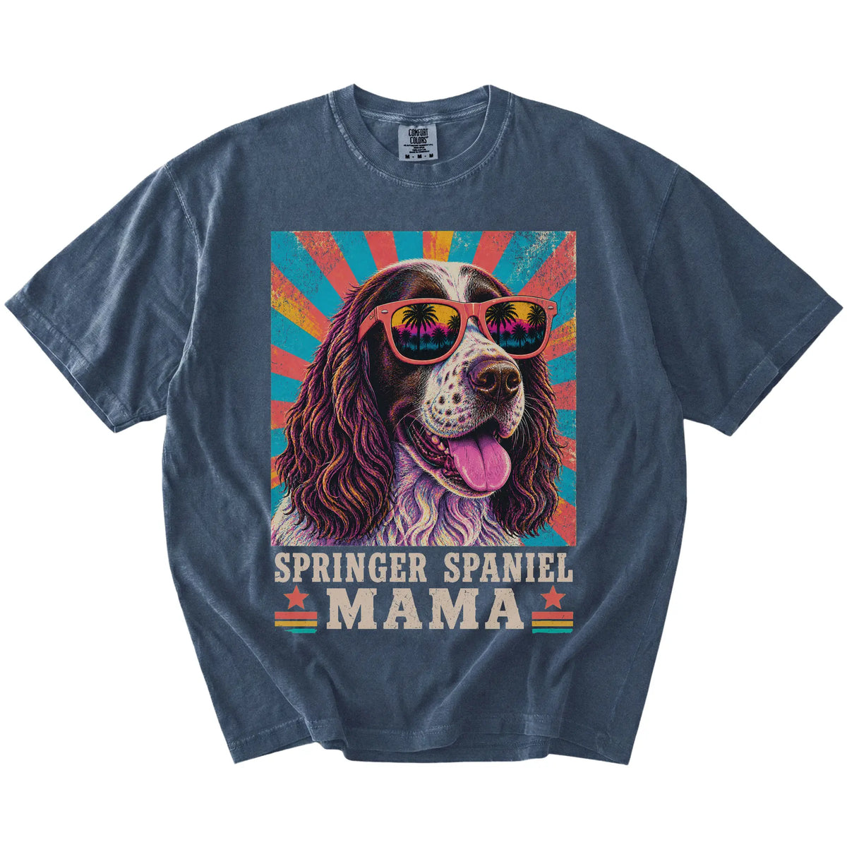 Retro Springer Spaniel Mama design on a Denim Comfort Colors T-shirt