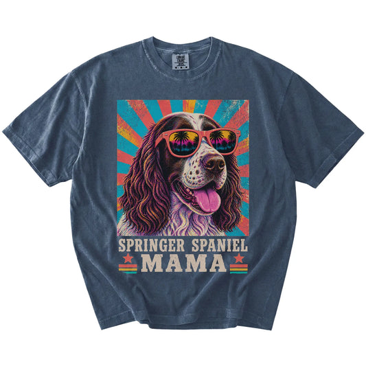 Retro Springer Spaniel Mama design on a Denim Comfort Colors T-shirt