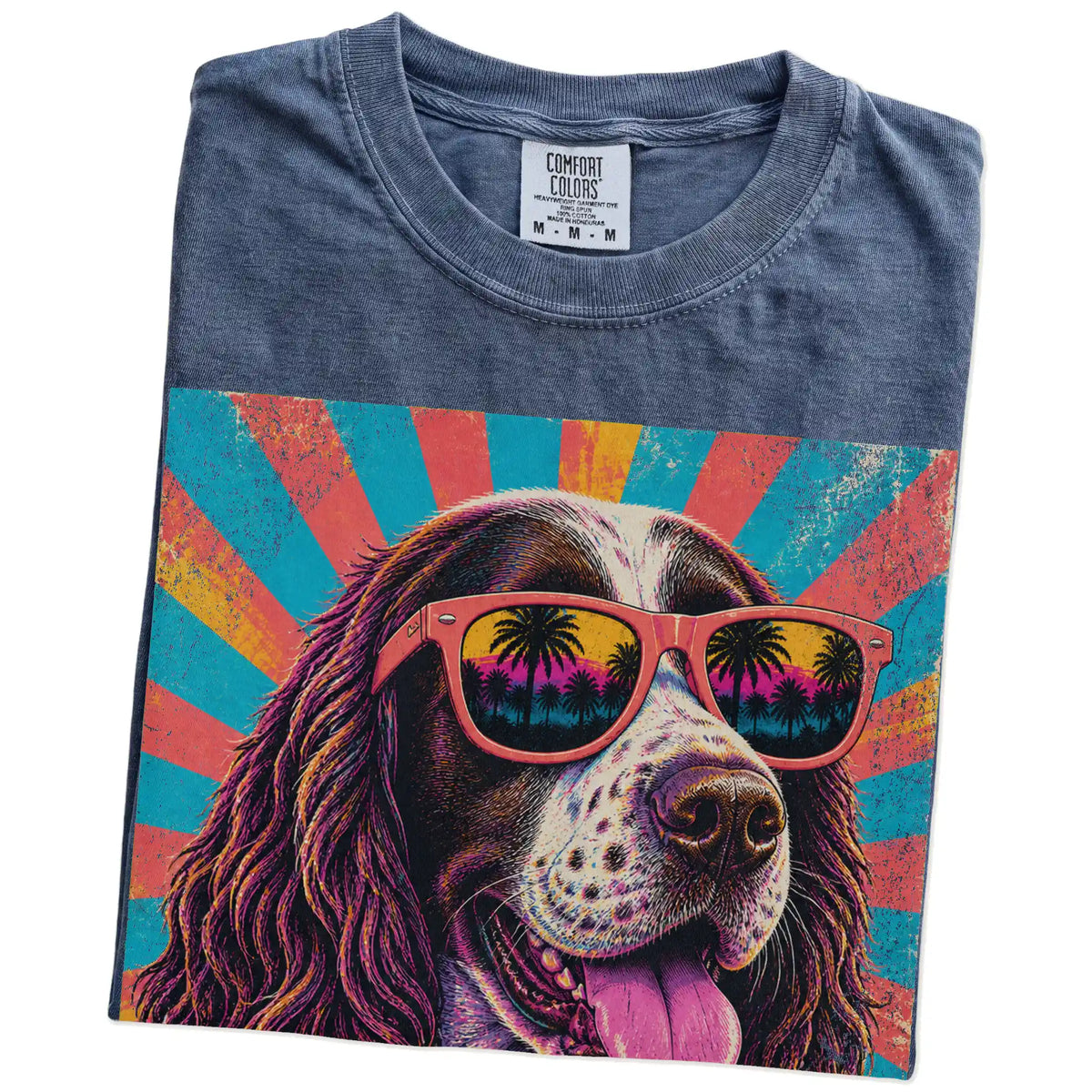 Retro Springer Spaniel Mama design on a Denim Comfort Colors T-shirt folded detail