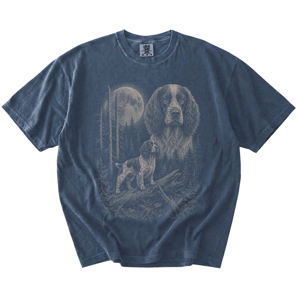 Denim Springer Spaniel Moonlit Forest T-Shirt laid flat