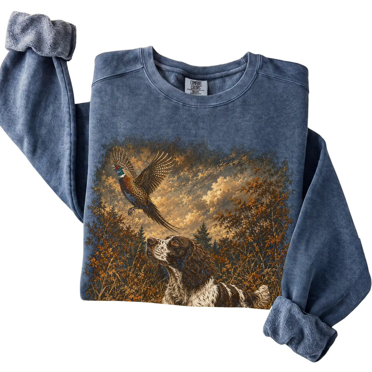 Springer Spaniel Pheasant Hunting Sweatshirt in Denim