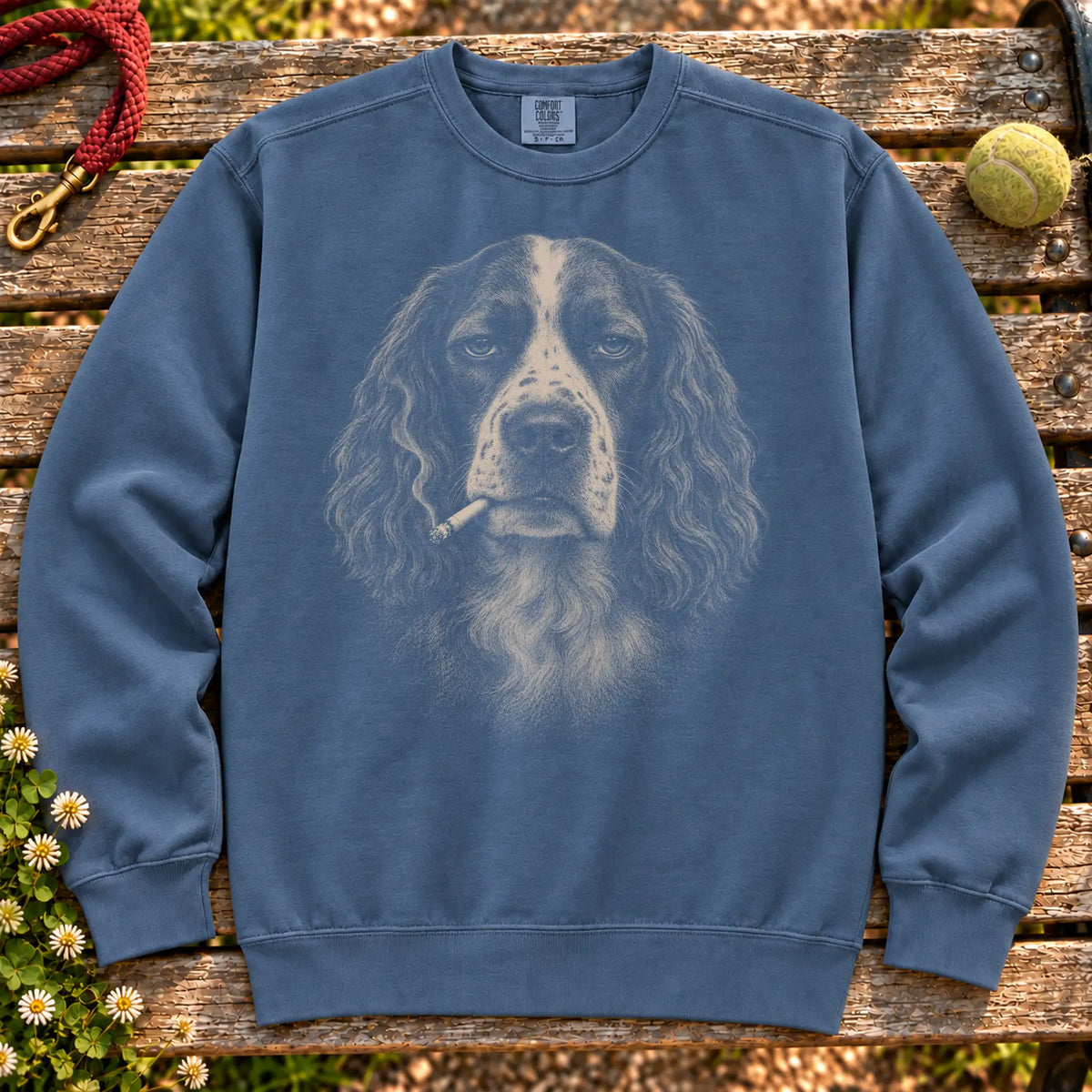 Springer Spaniel smoking design on a Denim sweatshirt