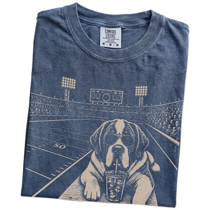 Folded Denim Comfort Colors® T-shirt showing Saint Bernard ready for football and tailgate season
