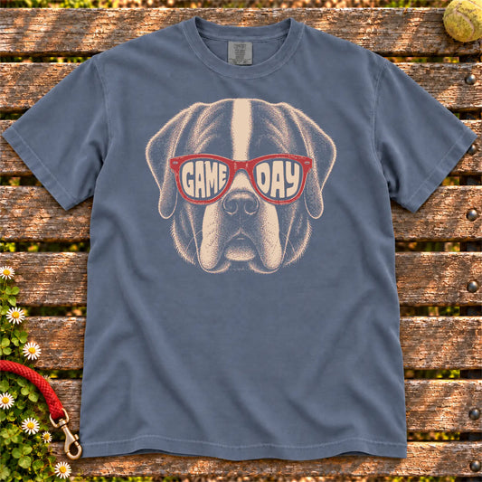 St Bernard Game Day design on a Denim Comfort Colors T-shirt, shown flat